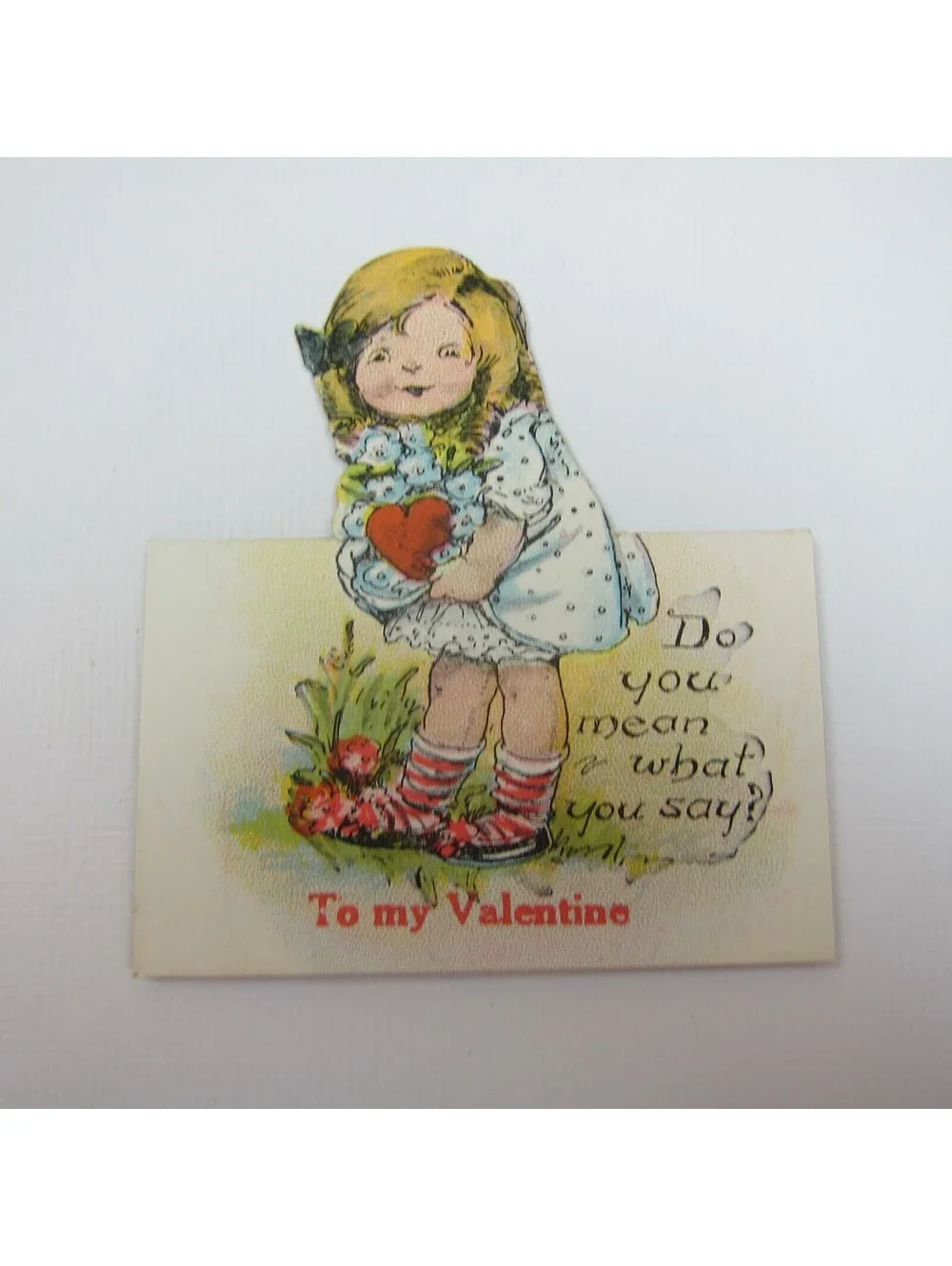 Vintage Valentine Cutout Card Stand Up Blonde Girl Red Heart 1920s-30s UNSIGNED